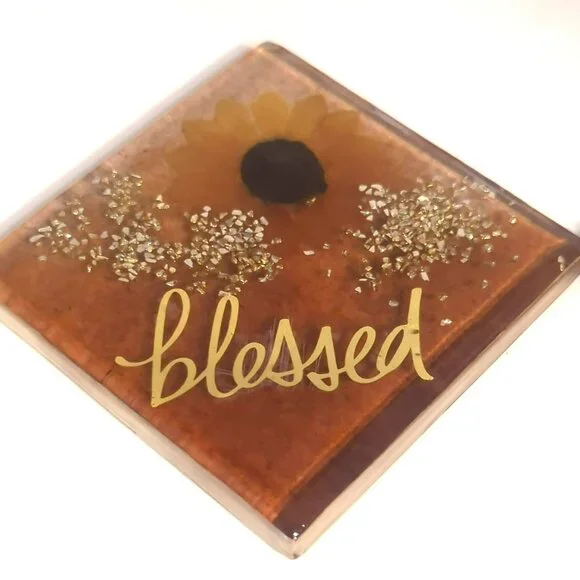Handmade Resin Sunflower Coaster Set With Holder Inspirational Rustic Farmhouse - Picture 8 of 12